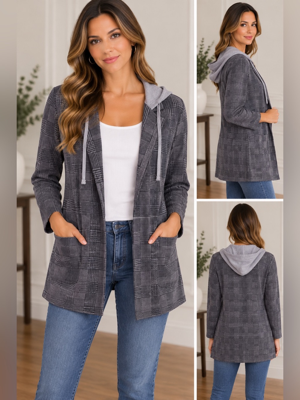 Almost Famous Gray Plaid Hooded Coatigan